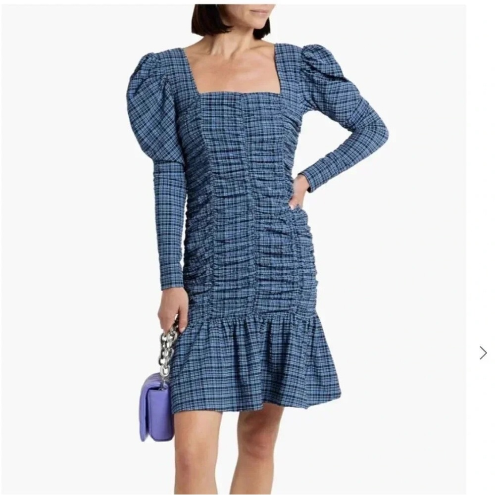 Ganni Ruched Checked Seersucker Blue Dress 36 / US 4 New Tags